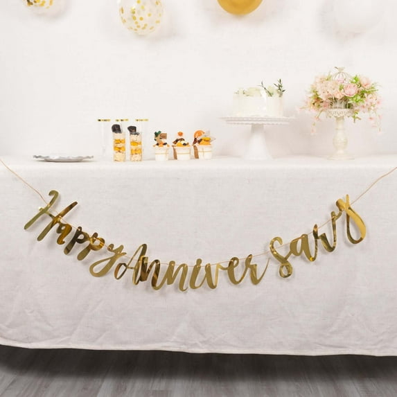 Efavormart 10ft Metallic Gold Foil Happy Anniversary Banner, Party Photo Backdrop Hanging Garland - 250 GSM