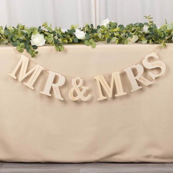 Efavormart 10ft Natural Pre-Strung Mr & Mrs Wooden Letter Garland with Botanical Design, Handmade Rustic Wedding Anniversary Banner