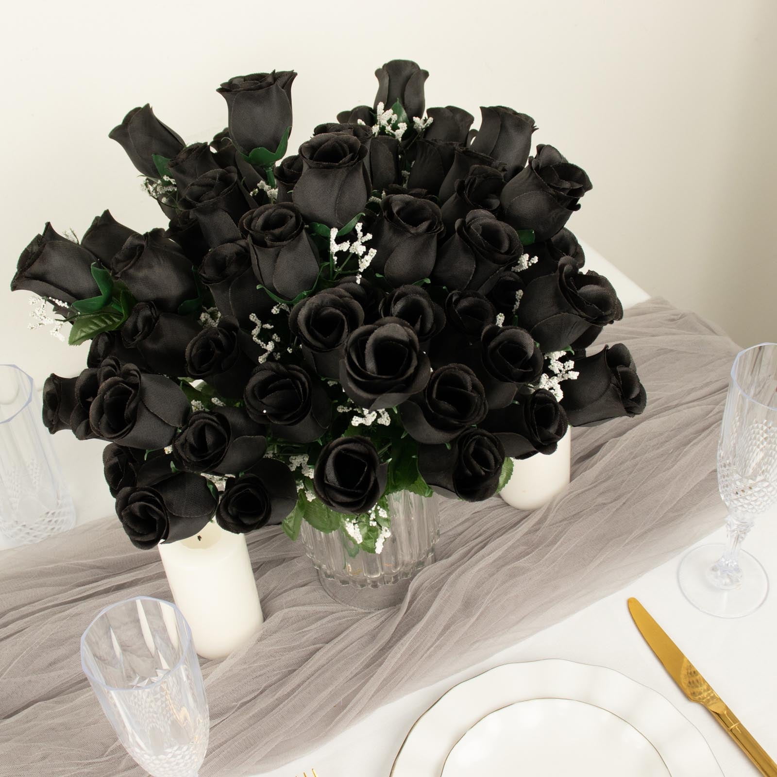 Efavormart 12 Bushes | Black Artificial Premium Silk Flower Rose Bud Bouquets