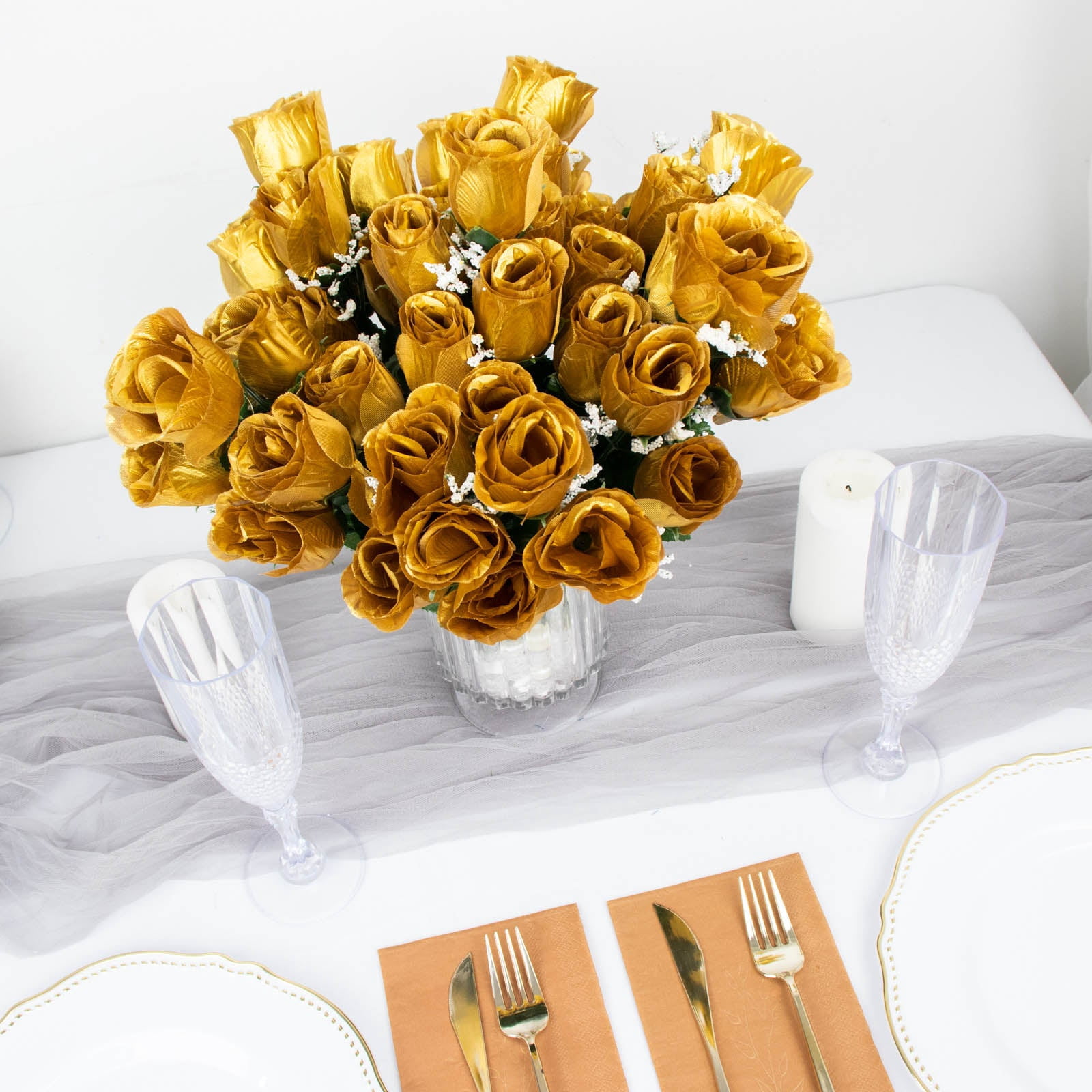 Efavormart 12 Bushes | Gold Artificial Premium Silk Flower Rose Bud Bouquets