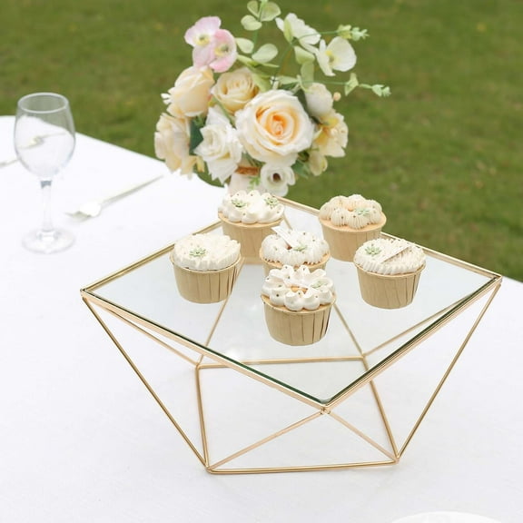 Efavormart 12" Gold Metal Geometric Cake Stand Gold Cake Riser with Glass Top Glossy Metallic Finish for Dessert Cupcake Pastry Candy Display Plate Event, Birthday Party