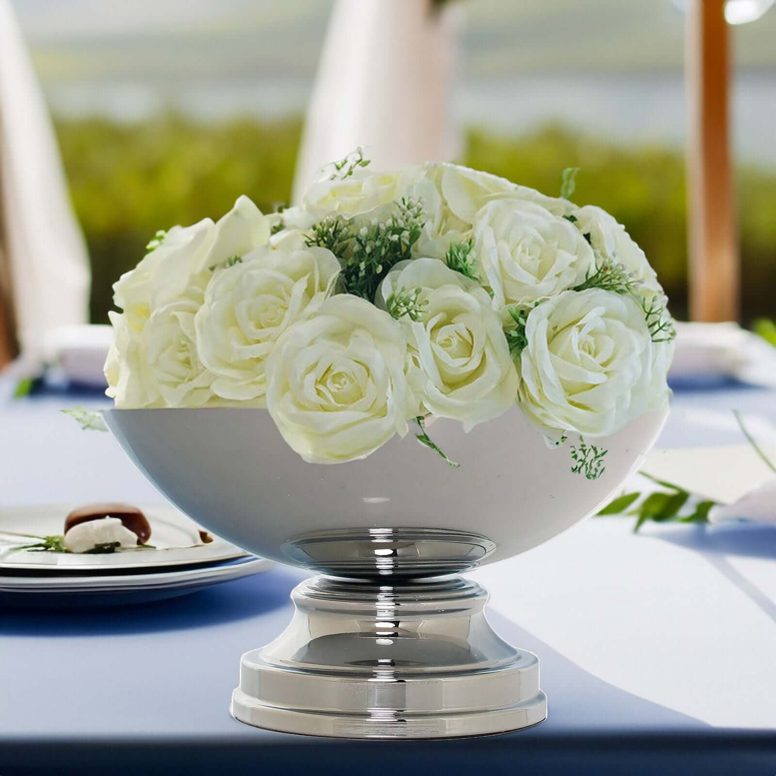 Efavormart 12" Round Metallic Silver Pedestal Flower Pot Floating Candle Bowl, Display Dish