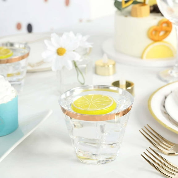 Efavormart 12 Pack 10 oz Rose Gold Plastic Cups Disposable Cups Rimmed Design For Wedding Decoration