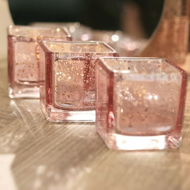 Efavormart 12 Pack | 2" Square Mercury Glass Candle Holders, Votive Tealight Holders Metallic With Speckled Design - Blush | Rose Gold