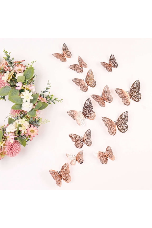 12 Pack | 3D Rose Gold Butterfly Wall Decals DIY Removable Mural Stickers Cake Decorations