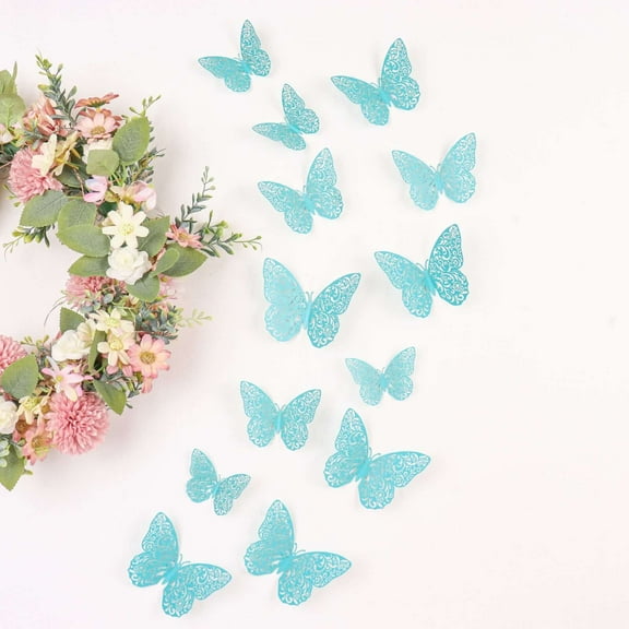 Efavormart 12 Pack | 3D Turquoise Butterfly Wall Decals DIY Removable Mural Stickers Cake Decorations