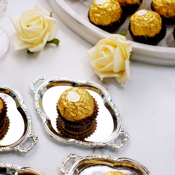 Efavormart 12 Pack - 4.5" Silver Oval Mini Candy Display Tray Favors - Baroque Design for Wedding, Bridal Shower, Baby shower, Birthday, Candy Jars Decorations