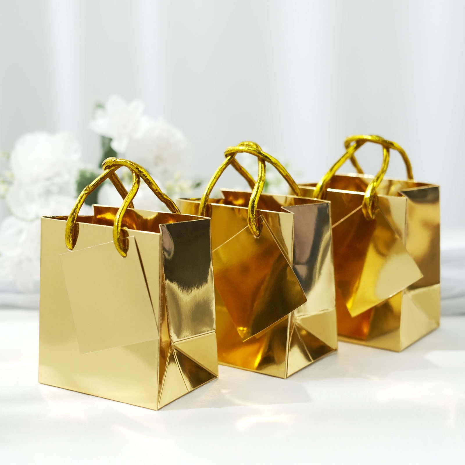 12 Pack 5 Shiny Metallic Gold Foil Paper Bags, Gift Bags With Handles,  Small Party Favor Goodie Bags, Shopping Bags, Wedding Guest Bags 