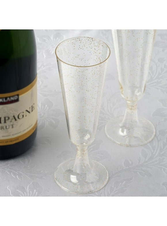 Efavormart 12 Pack - 5 oz  Plastic Champagne Flutes Disposable - Clear/Gold - Glitter Sprinkled Design - Detachable Base for Weddings, Birthdays, Parties, Receptions, Banquets, Baby Showers, Event