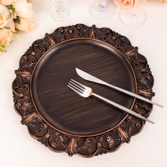Efavormart 12-Pack Acrylic Charger Plates 13" Round Dark Brown with Aristocrat Retro Baroque Rim - Ornate Plastic Decorative Chargers