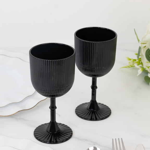Efavormart 12-Pack Black Plastic Wine Glasses 9oz, Vintage Ribbed Pattern - Reusable Shatterproof Goblets