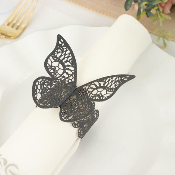 Efavormart 12 Pack | Black Shimmery Laser Cut Butterfly Paper Napkin Rings, Chair Sash Bows, Serviette Holders