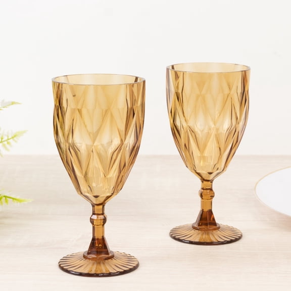 Efavormart 12 Pack Diamond Cut Vintage Plastic Wine Goblets – Amber Gold 11oz Embossed Reusable Drink & Cocktail Glasses