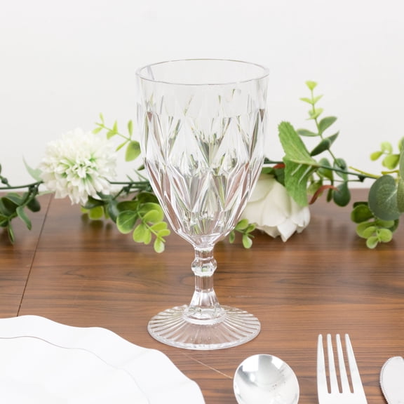 Efavormart 12 Pack Diamond Cut Vintage Plastic Wine Goblets – Clear 11oz Embossed Reusable Drink & Cocktail Glasses