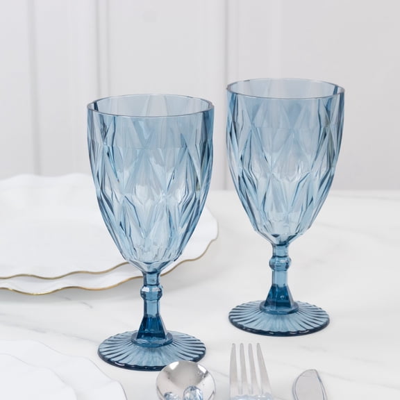 Efavormart 12 Pack Diamond Cut Vintage Plastic Wine Goblets – Dusty Blue 11oz Embossed Reusable Drink & Cocktail Glasses