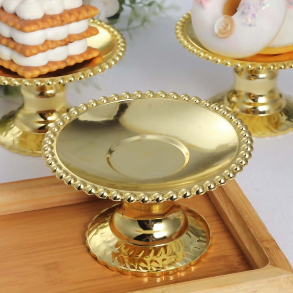 Efavormart 12 Pack Gold Mirror Finish Mini Plastic Pedestal Cupcake Plates With Beaded Rim, Disposable Round Cake Dessert Display Stands 5"