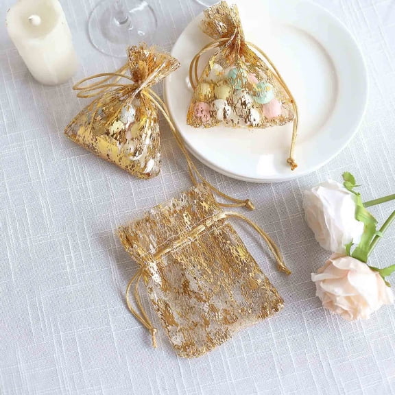 Efavormart 12 Pack Metallic Gold Foil Polyester Drawstring Favor Gift Bags, Wedding Party Candy Bags - 4"x5"