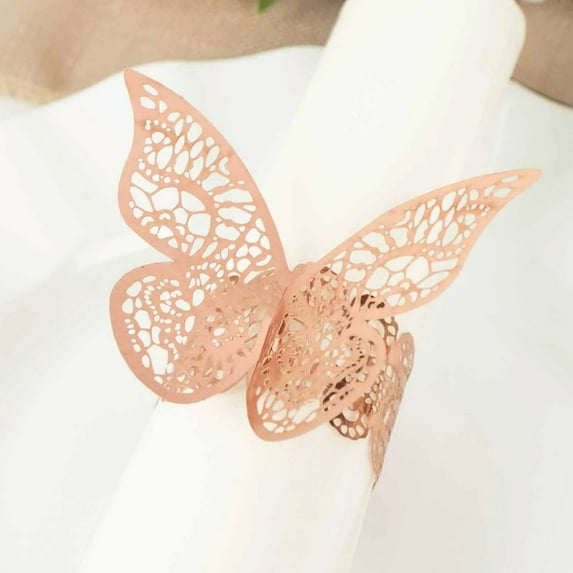 Efavormart 12 Pack | Metallic Rose Gold Foil Laser Cut Butterfly Paper Napkin Rings, Chair Sash Bows, Serviette Holders
