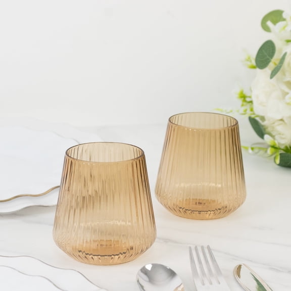 Efavormart 12-Pack Plastic Stemless Wine Glasses – 12oz Amber Gold Ribbed Design, Reusable Shatterproof Cocktail Tumblers