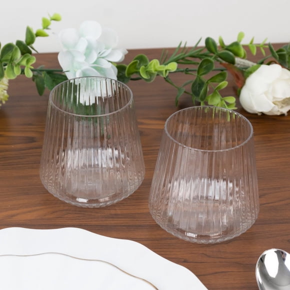 Efavormart 12-Pack Plastic Stemless Wine Glasses – 12oz Clear Ribbed Design, Reusable Shatterproof Cocktail Tumblers