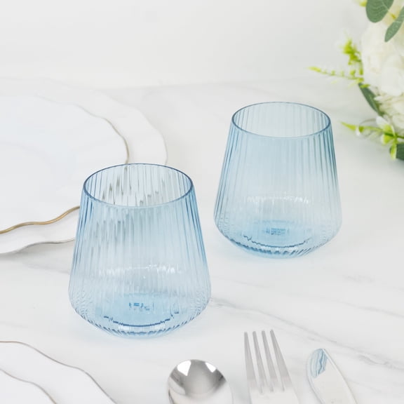 Efavormart 12-Pack Plastic Stemless Wine Glasses – 12oz Dusty Blue Ribbed Design, Reusable Shatterproof Cocktail Tumblers