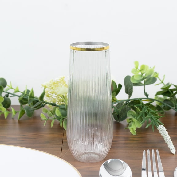 Efavormart 12 Pack Stemless Plastic Champagne Flutes – 9oz Clear Gold Rim – Ribbed Reusable Lightweight Disposable Toasting Glasses