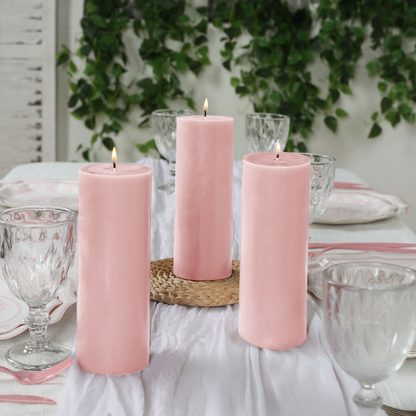 Efavormart 12-Pack Unscented Pillar Candles – Dripless 3"x8" Blush Paraffin Wax with Smokeless Cotton Wicks, Clean & Long-Lasting Burn for Weddings, Home & Event Decor