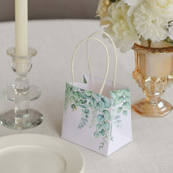 Efavormart 12 Pack White Green Eucalyptus Leaves Paper Gift Bags With Handles, Small Party Favor Goodie Bags - 4"x4"