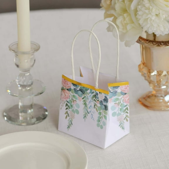 Efavormart 12 Pack White Pink Peony Flower Paper Gift Bags With Handles, Small Party Favor Goodie Bags With Gold Edge - 4"x4"