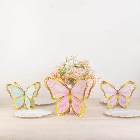 Efavormart 12 Pcs Pastel Color 3D Butterfly Table Centerpieces with Metallic Gold Foil Accents, Cardstock Paper Butterfly Party Decorations - 10",12"