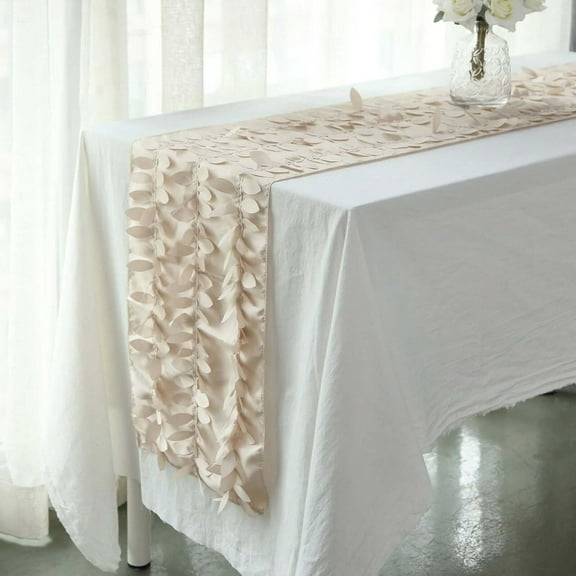 Efavormart 12"X108" Beige 3D Leaf Petal Taffeta Fabric Table Runner