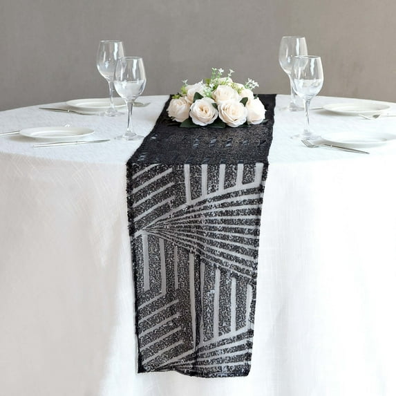 Efavormart 12"X108" Black Sparkly Sequin Geometric Tulle Fabric Table Runner