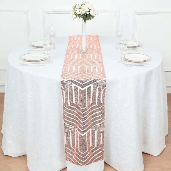 Efavormart 12"X108" Blush Rose Gold Sparkly Sequin Geometric Tulle Fabric Table Runner