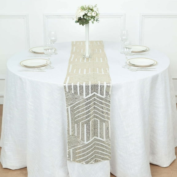 Efavormart 12"X108" Champagne Sparkly Sequin Geometric Tulle Fabric Table Runner