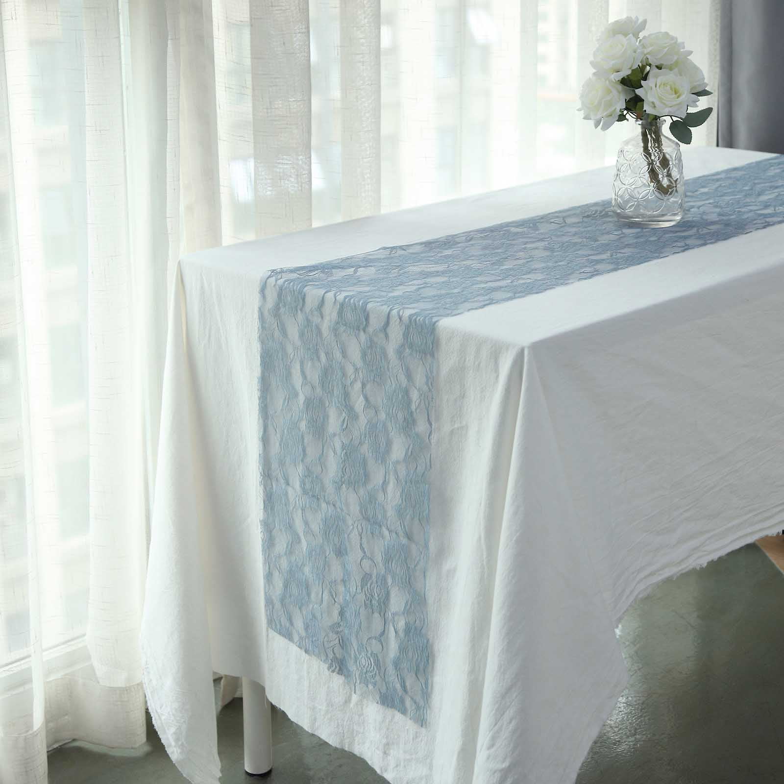 Dusty Blue Vintage Rose Pattern Polyester Table Runner