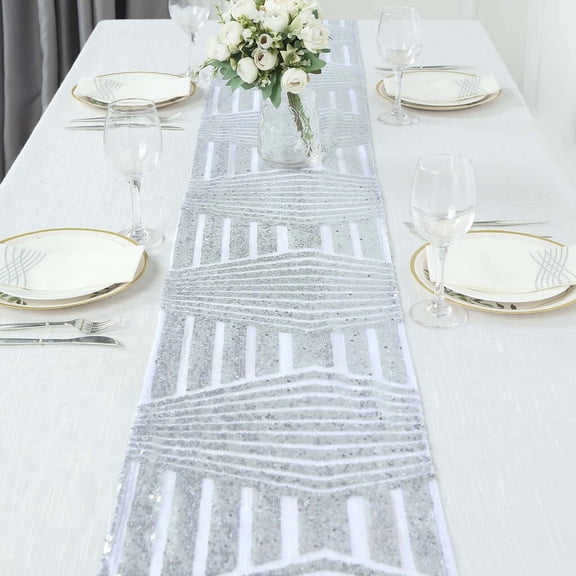 Efavormart 12"X108" Silver Sparkly Sequin Geometric Tulle Fabric Table Runner