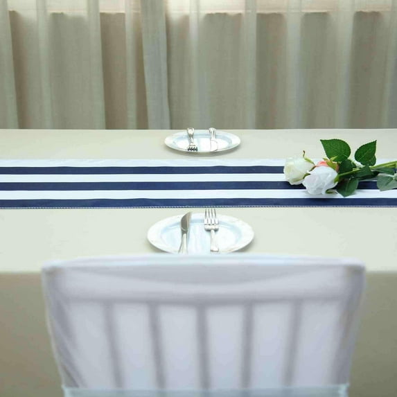 Efavormart 12" x 108" Satin Stripes Premium Table Runner For Wedding Decor Fit Rectangle and Round Table - Navy / White