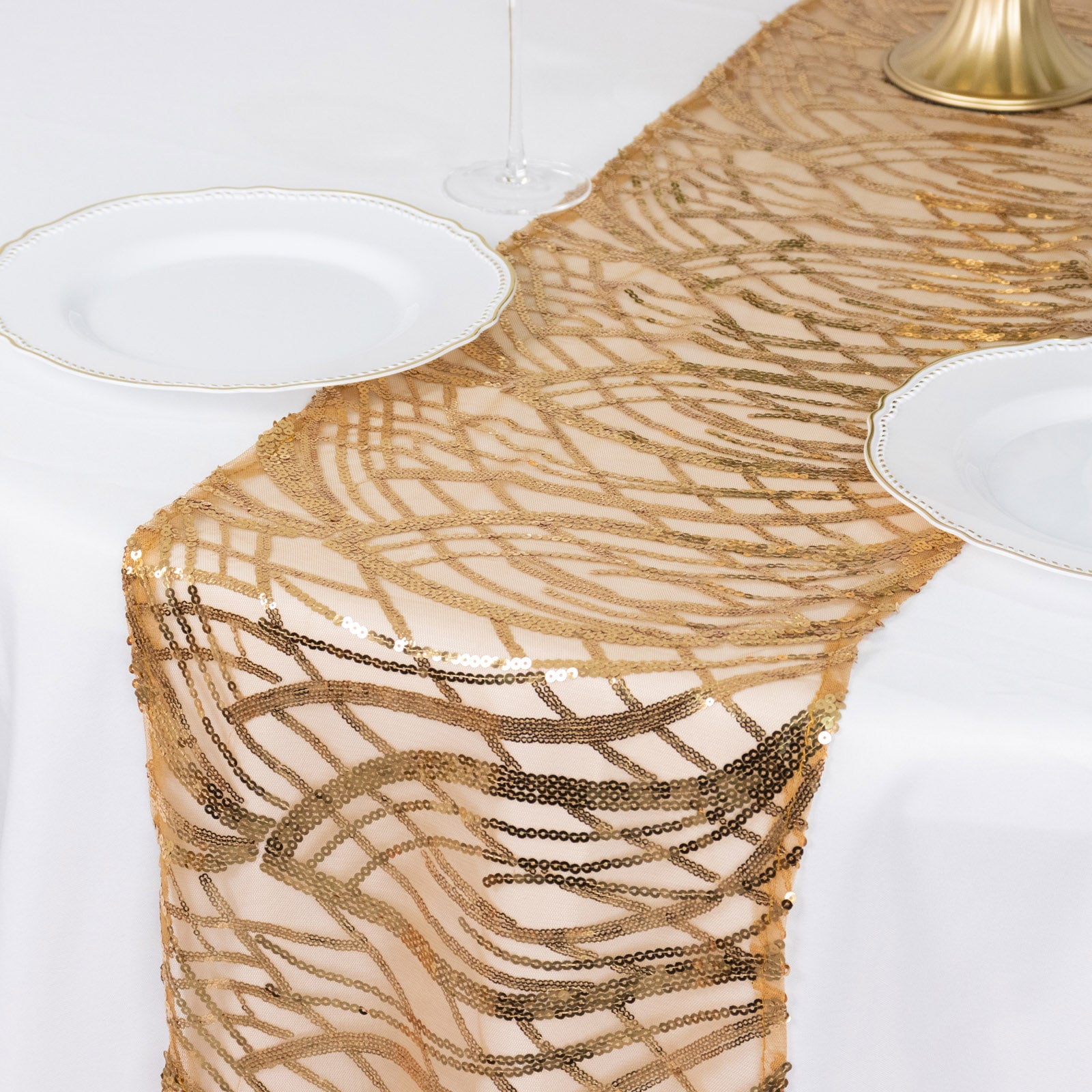 Efavormart 12"x108" Gold Wave Embroidered Seamless Sequin Mesh Table ...