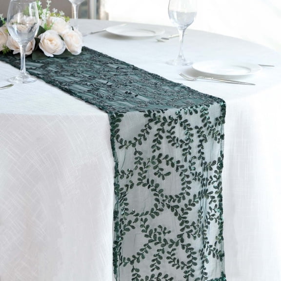 Efavormart 12"x108" Hunter Emerald Green Leaf Vine Embroidered Sequin Mesh Like Table Runner