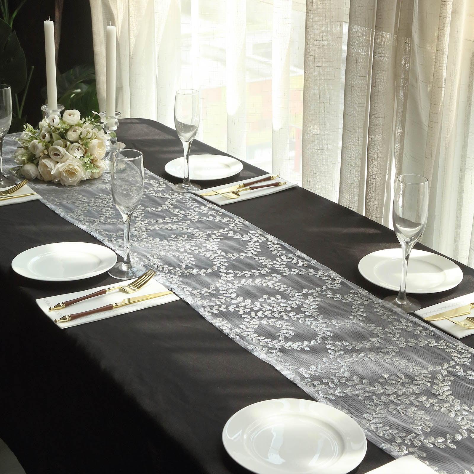 Efavormart 12"x108" Silver Leaf Vine Embroidered Sequin Mesh Like Table ...
