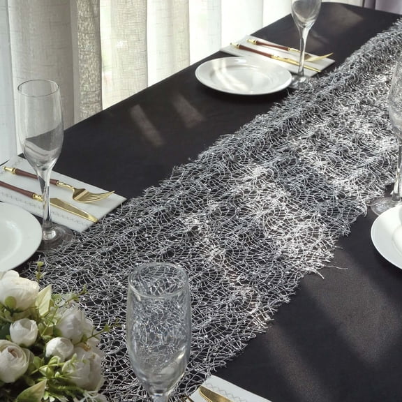 Efavormart 12"x108" Silver Sequin Mesh Schiffli Lace Table Runner, Sparkly Party Table Decoration