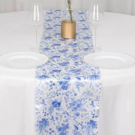 Efavormart 12"x108" White Blue Chinoiserie Floral Print Satin Table Runner