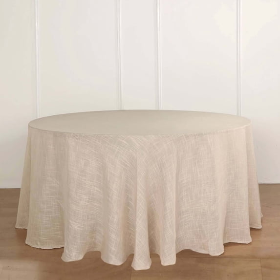 Efavormart 120" Beige Premium Faux Linen Round Tablecloth | Textured Wrinkle Free Tablecloth