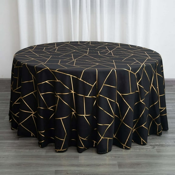 Efavormart 120" Black Round Polyester Tablecloth With Gold Foil Geometric Pattern