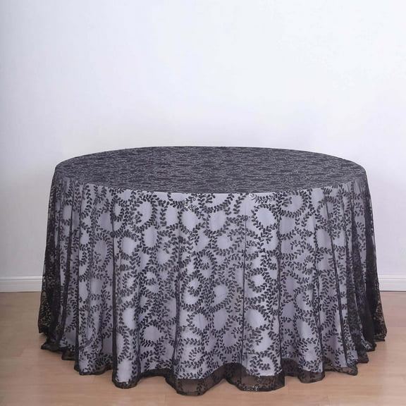 Efavormart 120" Black Sequin Leaf Embroidered Seamless Tulle Round Tablecloth, Sheer Table Overlay