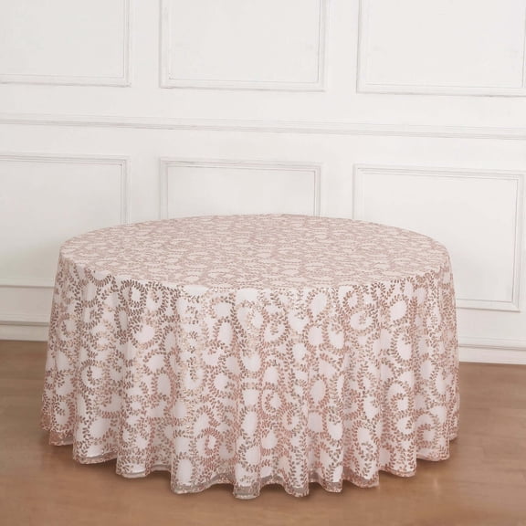 Efavormart 120" Blush Rose Gold Sequin Leaf Embroidered Seamless Tulle Round Tablecloth, Sheer Table Overlay