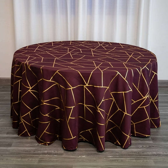 Efavormart 120" Burgundy Round Polyester Tablecloth With Gold Foil Geometric Pattern