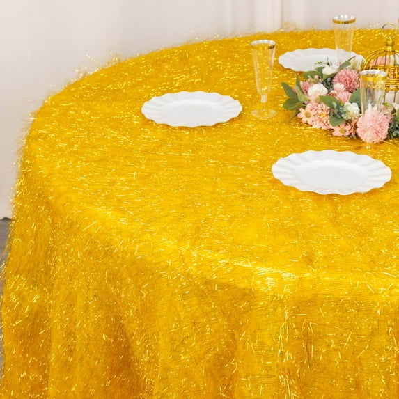 Efavormart 120" Gold Metallic Fringe Shag Tinsel Round Polyester Tablecloth For Catering Wedding Party Decorations