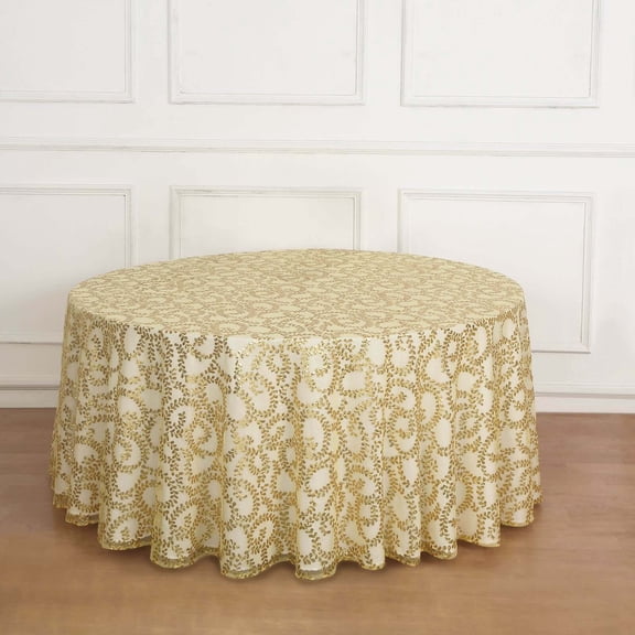 Efavormart 120" Gold Sequin Leaf Embroidered Seamless Tulle Round Tablecloth, Sheer Table Overlay
