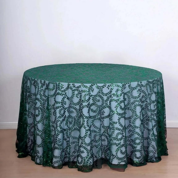 Efavormart 120" Hunter Emerald Green Sequin Leaf Embroidered Seamless Tulle Round Tablecloth, Sheer Table Overlay